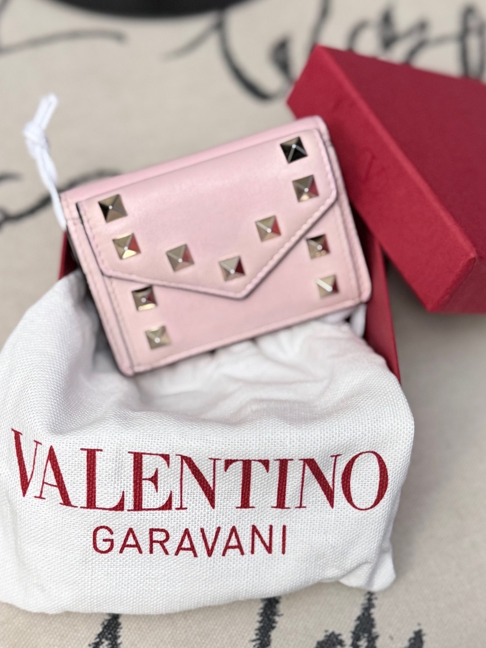 Valentino Garavani Pink Leather Rockstud Mini Wallet with Gold Studs